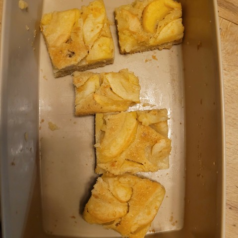 Blick von oben in eine rechteckige Tupperware mit fünf kleinen Stücken Apfelkuchen.
