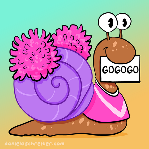 Comic-Illustration: Eine Schnecke im Cheerleader-Shirt, sie trägt rosa Pompoms am violetten Häuschen und hat ein Schild im Mund mit der Aufschrift GO GO GO. Der Hintergund hat einen blau-gelben Farbverlauf.