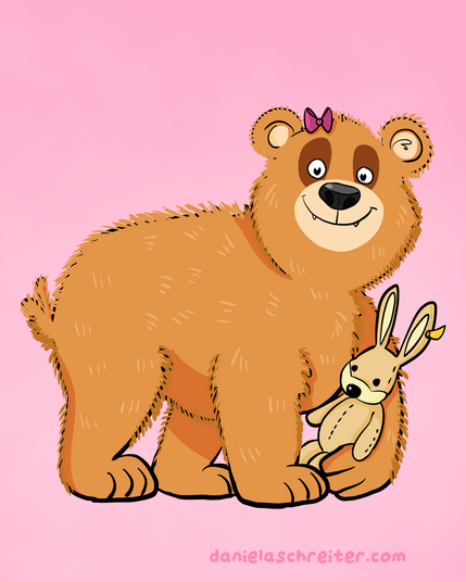 Comic Illustration: Ein brauner Bär, mit einer rosa Schleife am Ohr. Der Bär lächelt, steht auf allen vieren und hat in einer Pfote einen Kuschelhasen. Der Hintergrund ist rosa.