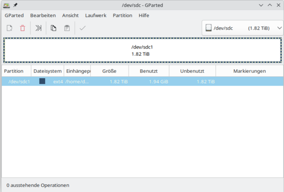 Screenshot zeigt den aktuellen Status auf gparted.