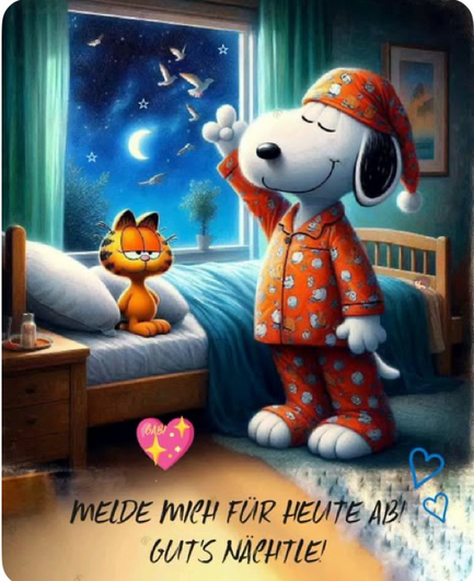 Snoopy steht vor dem Bett und winkt, auf dem Bett sitzt eine rote Katze: „Melde mich für heute ab! Gute Nacht!“