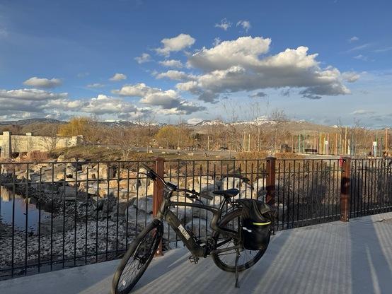 View of the foothills from the Esther Simplot Park bike/ped bridge, my bike in the foreground.