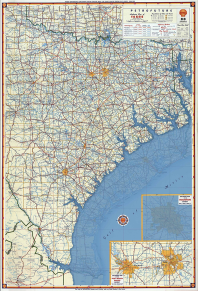 Petrofuture Texas. 66m sea level rise on a 1956 Shell Oil map. All the coastal cities are completely flooded.