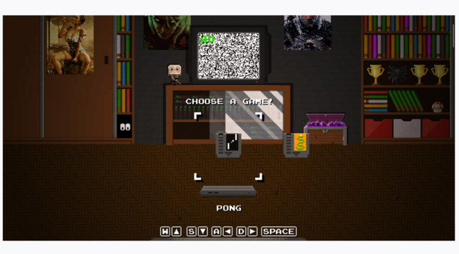 A screen showing a 8-bit art of a TV room, the TV is showing static, and an icon shows the ability to choose games - either PONG or SNAKE 

The controls are listed underneath