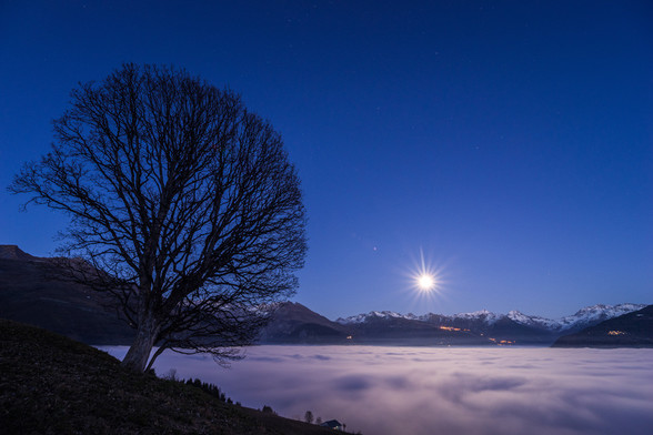 Photo d'un paysage de montagne nocturne.
Au premier plan tout à gauche on voit un arbre sans feuilles. Le tronc est court et incliné vers la droite. Le branchage a une forme arrondie.
Juste à droite la vallée est occupée par une mer de nuages compacte et éclairée par la pleine lune.
L'horizon est fermé par des montagnes, les sommets sont saupoudrés de neige et quelques villages sont éclairés sur leurs flancs.
Le ciel est bleu sombre, parsemé d'étoiles qui brillent très faiblement.
Assez bas sur l'horizon, au raz des montagnes, la pleine lune brille fort, un effet d'optique lui donne une forme d'étoile aux multiples branches.
-
Photo of a mountain landscape at night.
In the left foreground is a leafless tree. The trunk is short and sloping to the right. The branches are rounded.
Just to the right, the valley is occupied by a compact sea of clouds, illuminated by the full moon.
The horizon is closed in by mountains, the peaks dusted with snow and a few villages lit up on their flanks.
The sky is a dark blue, dotted with faintly shining stars.
Quite low on the horizon, just below the mountains, the full moon shines brightly, an optical effect giving it the shape of a multi-pointed star.