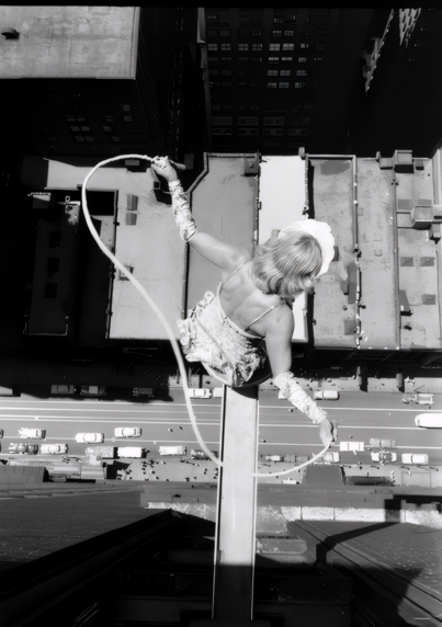 Photo of a young woman about to skip rope on a tiny platform outside a skyscraper high above the streets of Chicago.