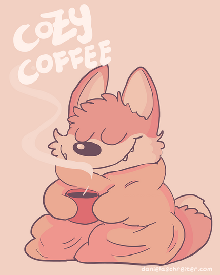 Comic Illustration: Ein Fuchs ist in eine Decke eingekuschelt, er hält eine Tasse Kaffee in seinen Händen. Er schaut sehr zufrieden aus. Darüber steht: Cozy Coffee. Die Farben sind entsättigt und warm.