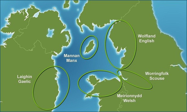 a map of the Irish Sea with territories labelled Laighin, Mannan, Meirionnydd, Wolfland and Worringfolk - and languages spoken in the respective territories Gaelic, Manx, Welsh, English and Scouse