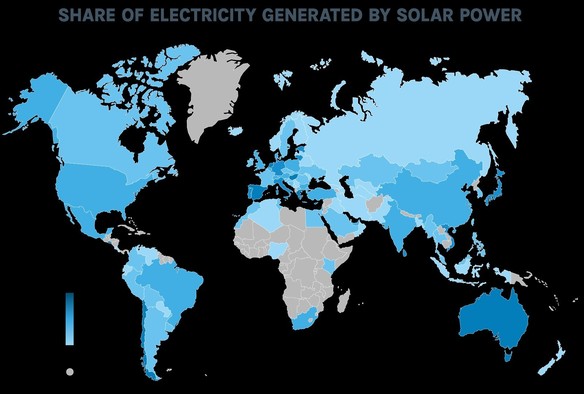Falschfarbenkarte: Anteil der Sonne an der erzeugten Elektrizität nach Ländern, 0-25%