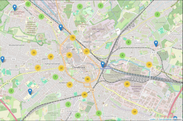 Bild zeigt Screenshot einer Karte von Osnabrück mit der Anzahl von Falschparker Meldungen auf weg.li im März 2025