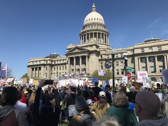 A large crowd holding very creative signs protests under a clear blue sky in front of the Idaho State Capitol building in Boise.
