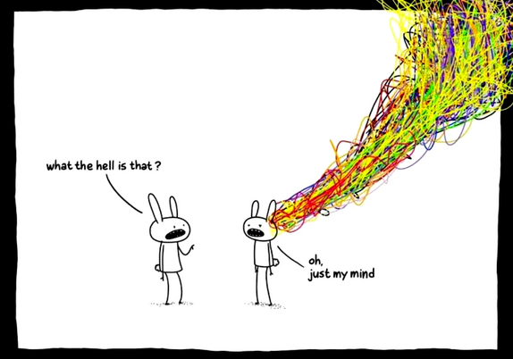 WEBCOMICS illustration depicting a conversation between two rabbits. One rabbit asks, "what the hell is that?" while pointing to a chaotic, colourful scribbled flame above the other rabbit's head, who responds, "oh, just my mind." it represents the complex and overwhelming nature of this time period
