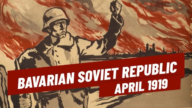 Still from the Youtube video, “Bavarian Soviet Republic - 1919 Economy and Reconstruction” showing a soldier, fist in the air, with a flame-filled sky in the background.