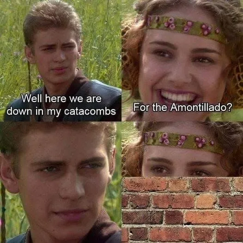 (the Anakin-Amidala Right? .... Right? meme template)

Anakin: Well here we are down in my catacombs
Amidala: For the Amontillado? (Right?)
Anakin: *stares*
Amidala: Face half-obscured by brick wall