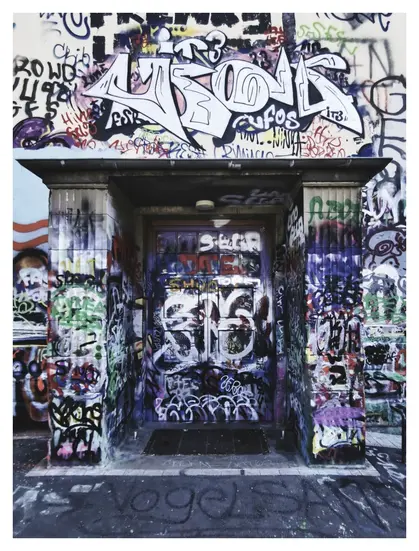 Ein über und über mit Graffitti bemaltes Eingangsportal mit einer Doppeltür und von zwei recht und links der Tür vorgebauten Betonsäulen, welche ein Vordach tragen. Die Tür ist etwas nach hinten versetzt. Der Bereich um die Tür ist ebenfalls groräumig mit zig kleinen und großen bunten Graffitti versehen.