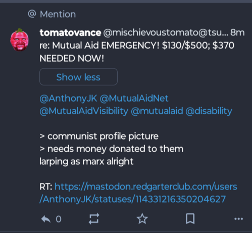 Dumbass troll trying so hard to knock my disability crowdfunding efforts by quoting my "Communist" profile as "larping"