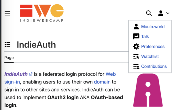 Screenshot of the IndieWeb Wiki showing IndieAuth's page. To the right it shows I am logged in to the wiki as Moule.world.