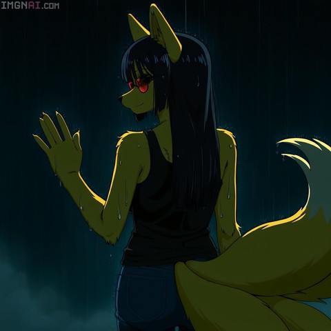 Kitsune is waving over her shoulder.