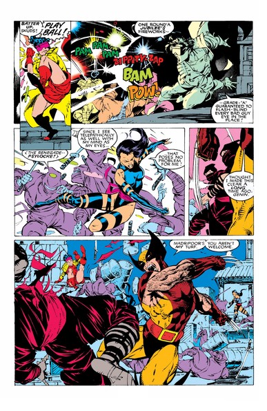 a page from the comic, it is wolverine, psylocke, and jubilee in a vicious fight with ninjas wearing dark red garments