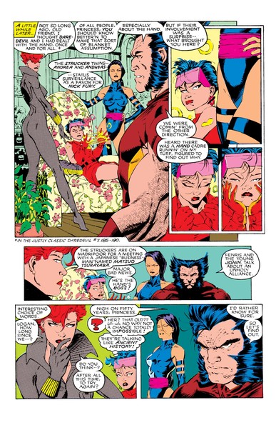 a page from the comic, the three x-men are talking with the black widow in a comfortable interior