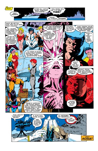 a page from the comic book, they are on a boat, having a conversation, psylocke has a burst of psychic energy coming from her, at the bottom right it reads: 'next: rogue!'