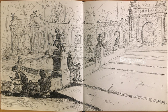 park scenery . three people on the left are on the side of a richly decorated well/ fountain, that has many animal and human sculptures of fairytale realms on and in it, and flat stairs besides it that lead to a double-sided archway with deer and other animals on it.