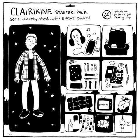 A black and white illustration approximating a packaging containing Clairikine as an action figure and various accessories, against a background depicting a forest above a mountain range and a lake. Clairikine is depicted as a thin white person with short blonde hair and glasses, wearing a flannel shirt over a black T-shirt, skinny jeans and black Chucks, and they are floating against a background of stars. Accessories include: noise-canceling headphones, an iPhone, earbuds, a German travel pass; an easy chair with stacks of books and a mug 
; a set square, a sketchbook covered in stars, two mechanical pencils, one container of blue pencil lead and one of HB lead, a PITT artist pen, a black fountain pen, a smaller rectangular sketchbook, a mechanical eraser, two more artist pens; a black notebook with a thought bubble coming out of it, a composition notebook with three exclamation points in a speech bubble, a heart in a speech bubble coming out of both, and ballpoint pens; a 9kg weighted blanket; an old-fashioned analog TV set with rabbit ear-style antenna and the word "Blorbos" written on it; an anatomical heart sitting in blood; a church with a Bible hovering next to it; a group of people smiling, with a few hearts; a brain making a screaming face with three exclamation points coming out of it; and the Berlin TV tower