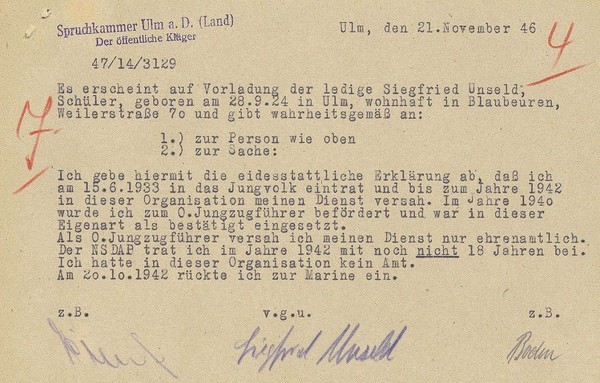 Entnazifizierungsakte Siegfried Unselds. Signatur LABW, Staatsarchiv Ludwigsburg EL 902/22 Bü 12325.
