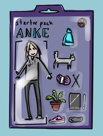 An illustration of a blister with a person in it. It is clearly drawn and not ai generated. The illustration has straight black lines and bold colors. It says 'starter pack Anke'. The figure is a girl with blond hair wearing grey clothing. The accessories are a blue beanie, a cat, knitting needles and pink yarn, a plant, an iPad and pencil, pink Nikes and flip-flops.
