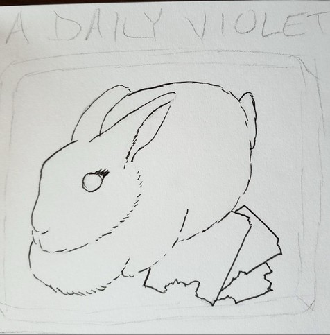 Work in progress illustration of a rabbit with nibbled paper. There is a light sketch of a blister pack around her and the words "A Daily Violet" scrawled at the top.