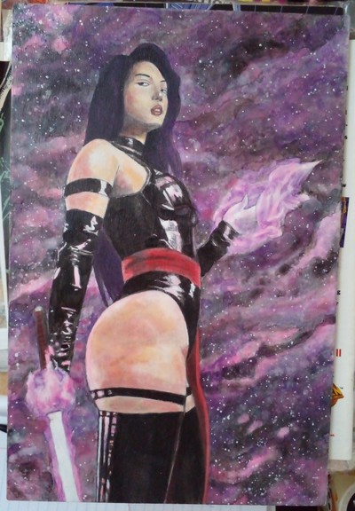 a painting of psylocke, seen from a low perspective from the side from her mid-thigh up, she is holding a pink flaming sword in one hand at her side, her other hand has pink psychic energy swirling around it, pink and purple and black energy clouds behind her