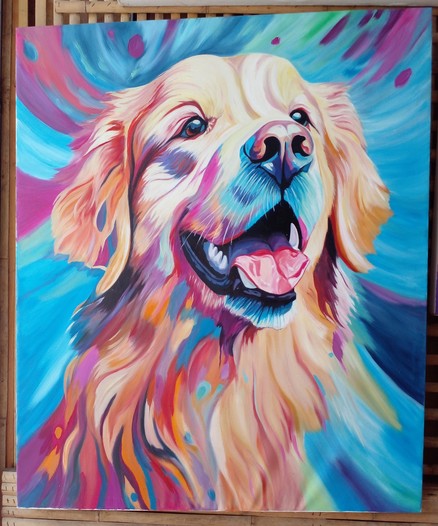a painting of a golden retriever, long-haired, seen from its chest up, facing the right side, a happy expression on its face, swirling colors of blue and pink behind it