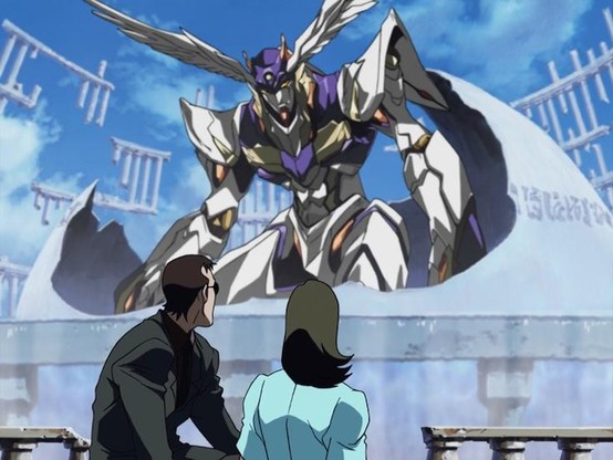 an image of a large silver and blue and gold robot, rising up, it has angel-like wings on its head, two humans looking at it in shock and awe, the sky blue behind them pillars rising up into the air in the background