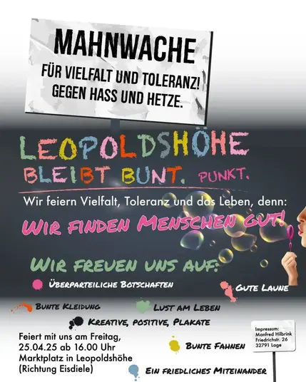 Veranstaltungsbild für eine Mahnwache gegen Rechts auf dem Marktplatz in Leopoldshöhe am 25.04.2025 ab 16 Uhr. Aufschrift "Leopoldshöhe bleibt bunt. Punkt. Wir finden Menschen gut. Wir freuen uns auf: überparteiliche Botschaften, gute Laune und bunte Kleidung"