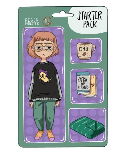 Starter Pack mit Regenmonster: Frau mit kurzen Haaren und Brille guckt müde. Tasse Kaffee, zwei Bücher und gemütliche Decke liegen daneben.