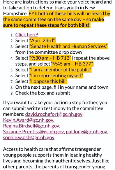 Continuation of that message:

Here are instructions to make your voice heard and to take action to defend trans youth in New Hampshire. FYI: both of these bills will be heard by the same committee on the same day - so make sure to repeat these steps for both bills!
1. Click here!
2. Select "April 23rd"
3. Select "Senate Health and Human Services" from the committee drop down
4. Select "9:30 am - HB 712" [repeat the above steps, and select "9:45 am - HB 377"]
5. Select "I am a member of the public"
6. Select "I'm representing myself"
7. Select "I oppose this bill"
8. On the next page, fill in your name and town
9. Check the box and submit!
If you want to take your action a step further, you can submit written testimony to the committee members: david.rochefort@gc.nh.gov, Kevin.Avard@gc.nh.gov,
Regina.Birdsell@gc.nh.gov,
Suzanne.Prentiss@gc.nh.gov, pat.long@gc.nh.gov,
sophie.walsh@gc.nh.gov.
Access to health care that affirms transgender young people supports them in leading healthy lives and becoming their authentic selves. Just like other parents, the parents of transgender young