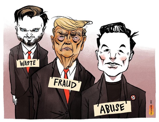 Caricatures of JD Vance, #47, and #KetamineBoy with signs around their necks saying Waste, Fraud, Abuse (one each).