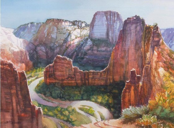 Art print of an original watercolor painting depicting the cliffs of Zion National Park, Utah.