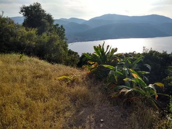 Evening view from Ancient Same acropolis, Kefalonia, looking across the bay and mountains of the island.