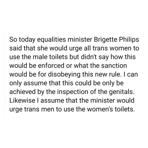Caption saying:-

So today equalities minister Brigette Philips said that she would urge all trans women to use the male toilets but didn't say how this would be enforced or what the sanction would be for disobeying this new rule. I can only assume that this could be only be achieved by the inspection of the genitals.
Likewise I assume that the minister would urge trans men to use the women's toilets.