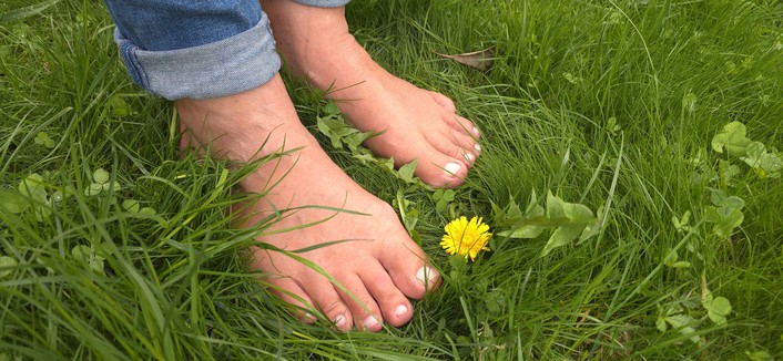 Zwei nackte Füße stehen im grünen Gras. Zwischen den großen Zehen befindet sich eine gelbe Löwenzahnblüte. Oben sind der Beginn zweier umgekrempelten Jeanshosenbeine zu erkennen.