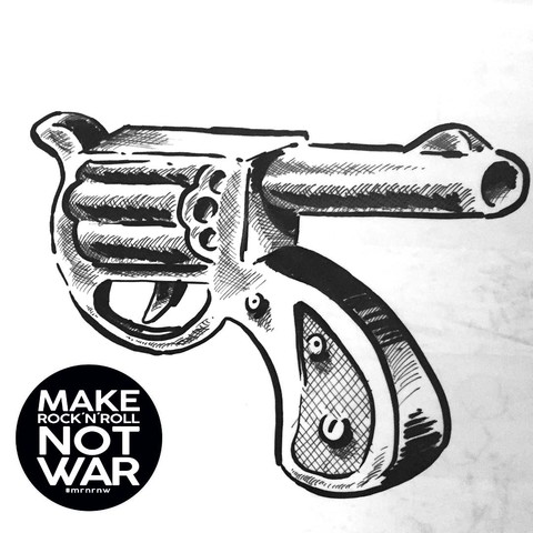Zu sehen ist das Logo MAKE ROCK´N´ROLL NOT WAR und dazu ein umgedrehter Trommelrevolver
