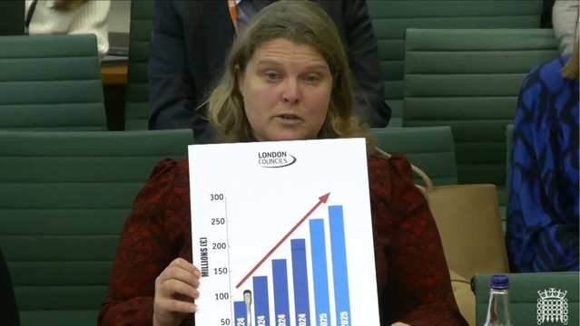 London Councils' Grace Williams holding up a chart in parliament to demonstrate London homelessness funding