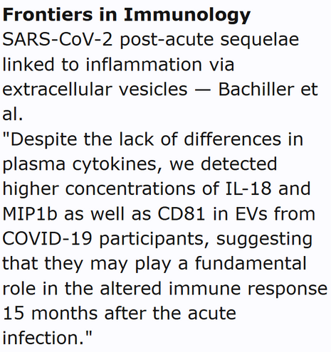 Frontiers in Immunology
SARS-CoV-2 post-acute sequelae linked to inflammation via extracellular vesicles — Bachiller et al.
"Despite the lack of differences in plasma cytokines, we detected higher concentrations of IL-18 and MIP1b as well as CD81 in EVs from COVID-19 participants, suggesting that they may play a fundamental role in the altered immune response 15 months after the acute infection."