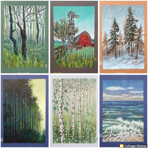 A photo collage of some of my landscape drawings:
An illustration of green woodlands, a farmland with a red barn and windmill, trees in a snowstorm, forest edge, birch woodland and a seascape.