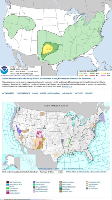 Severe Thunderstorms and Heavy Rain in the Southern Plains; Fire Weather Threat in the Southwest U.S.
Thunderstorms, some severe, may produce heavy to excessive rainfall and isolated flooding over portions of the Southern Plains today and Saturday. Dry conditions, combined with gusty winds and low relative humidities will continue to support an elevated to critical fire weather threat in the Desert Southwest into to early next week