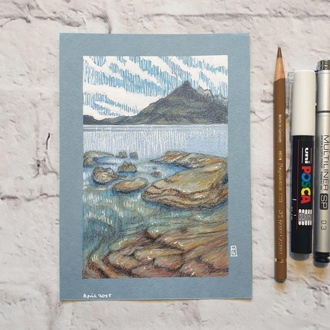 A view from the water at Elgol, Isle of Skye, Scotland, featuring semi submerged rocks and distant mountains.
Elgol is a small scattered hamlet on the shores of Loch Scavaig, reached by a scenic road through the Red Cuillin Mountains on the Isle Of Skye.
An original art work
Colour pencil and mixed media on acid free toned artist paper
5 by 7 inches (12.7 by 17.8 cm).
Sold unframed