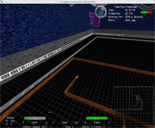 🕶️ A bird's-eye view of a local game (vs. AI) where I (in orange) find myself in a pretty bad position, as I'm surrounded by the AI (in grey). The screen shows a large enclosed room in which motorcycles (only the orange motorcycle and its wall can be seen, and the opponent's grey wall) confront each other, forcing the opponent into the impassable wall they leave behind. A mini-map is displayed at the bottom right of the screen.

📚️ Armagetron Advanced is a solo (vs. AI) / multiplayer (co-op, local or online), libre, multi-platform game of futuristic motorcycle battles in arenas where the objective is to be the last survivor. This tactical game was inspired by a sequence from the film Tron (by Steven Lisberger, produced by Disney Studios in 1982). The player is at the controls of a lightcycle, an unstoppable futuristic motorcycle that leaves behind an uncrossable frame that he exploits to try to lock up his opponents and thus force them to crash. The lightcycle advances at a constant speed unless it turns 90° (loss of speed) or brushes against the opponent's frame (acceleration that he uses to reach him). Several modes allow to modify the gameplay (fortress, deathmatch, team deathmatch, CTF, sumo, ...) or the aspect of the game.