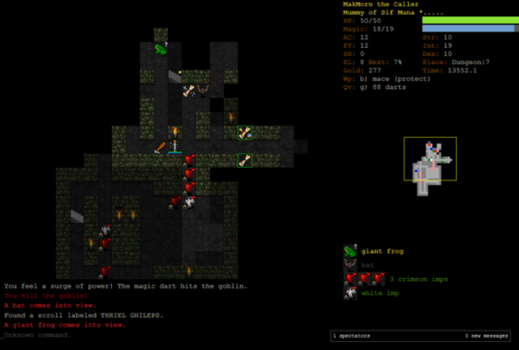 🕶️ A view of its UI with on the right side of the screen the character's stats, a mini-map, and the monsters identified in the current area, and on the left side, the explored area in tiles version, a dungeon with a fog of war. The protagonist (in the center) - a wizard, will have to face or avoid many monsters (crimson imps, white imp, bat, giant frog) in his close environment, and some scrolls are in range. At the bottom of the screen some logs show several messages ("You kill the goblin", "A bat comes into view", ...).

📚️ Dungeon Crawl Stone Soup is a libre, multi-platform solo (local/online) RPG derived from Linley Henzell's Dungeon Crawl RPG, featuring exploration and treasure hunting in dungeons infested with belligerent monsters, with the ultimate quest to seize the fabulous Orb of ZOT, located somewhere in its depths. It provides plenty of species and characters to play as, deep tactical gameplay, sophisticated magic, a system of religions and skills, and an impressive bestiary to fight or flee from, making each game unique and perilous. It is a reference RPG, continuously updated for years.