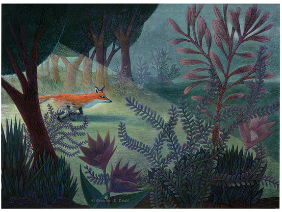 The Fox in the Forest
Caught in a beam of sunshine, a blaze of orange streaks past as a fox dashes quietly though the blue green forest. Pink, purple and deep teal bloom in flowers and leafy plants in the foreground. NOTE: This description created especially for my lovely blind friend, Georgiana. :-)